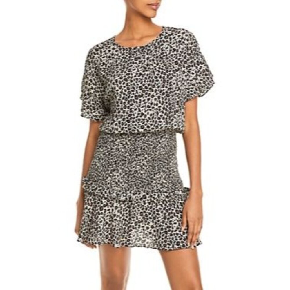 Aqua Dress Womens Small Leopard Print‎ Tiered Short Sleeve Mini